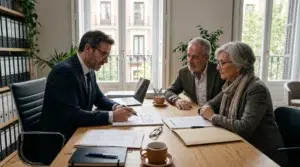 Abogado de Ius & Lex explicando a un matrimonio mayor la diferencia fiscal entre donar la nuda propiedad a sus hijos o venderla a un inversor.