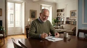 Hombre mayor en Madrid revisando facturas con alivio tras vender la nuda propiedad y liberarse del IBI y las derramas.