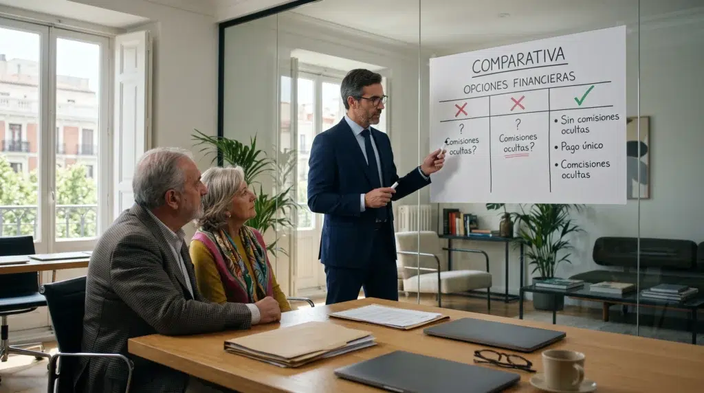 Abogado explicando a una pareja mayor las diferencias y riesgos entre la hipoteca inversa de los bancos, la vivienda inversa y la nuda propiedad.