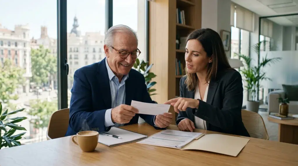 Propietario mayor sonriendo tras recibir el pago único al contado por la venta de la nuda propiedad en Madrid.