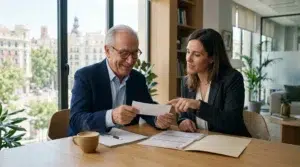 Propietario mayor sonriendo tras recibir el pago único al contado por la venta de la nuda propiedad en Madrid.