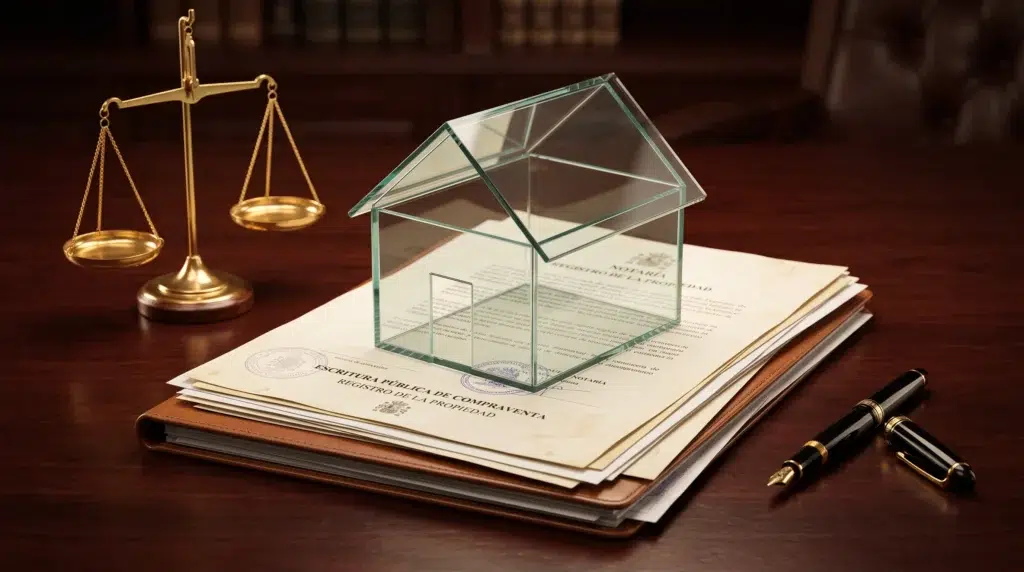 Composición conceptual de una casa de cristal sobre documentos legales y una balanza de la justicia, representando la transparencia en los gastos de notaría.