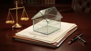 Composición conceptual de una casa de cristal sobre documentos legales y una balanza de la justicia, representando la transparencia en los gastos de notaría.