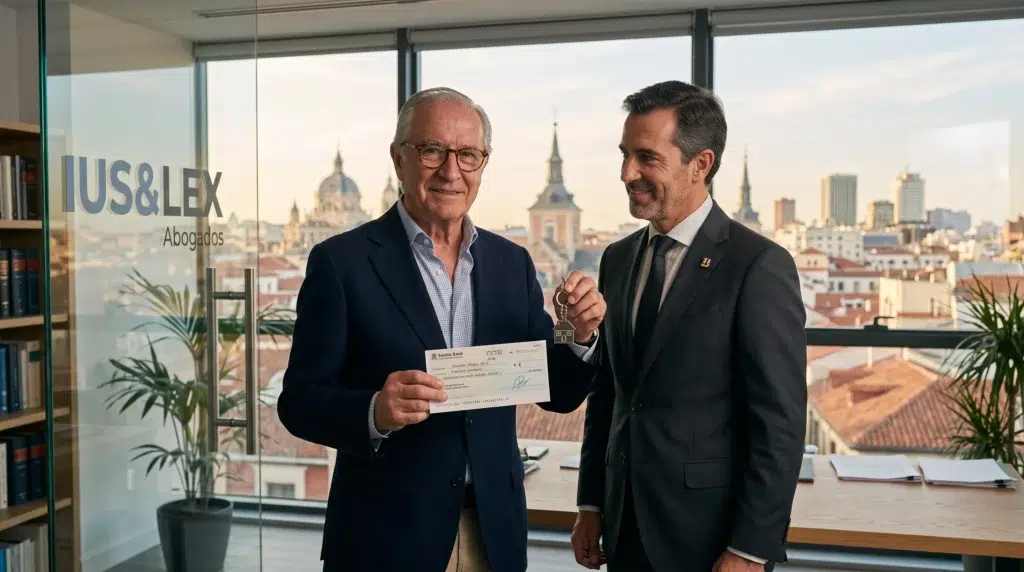 Propietario mayor con abogado de Ius & Lex Abogados celebrando la venta de la nuda propiedad de su piso alquilado, manteniendo las rentas mensuales.