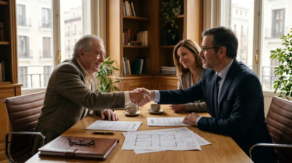 Abogado e inversor inmobiliario cerrando la venta de la nuda propiedad de una vivienda heredada en proindiviso en Madrid.